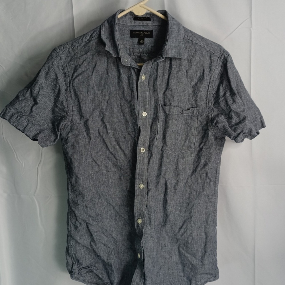 Banana Republic Mens Medium Slim Fit Linen Short Sleeve Button Down Shirt Blue